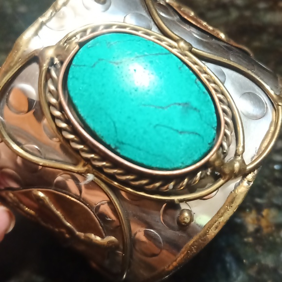 Bohemian Hand Crafted Blue Turquoise Wide Cuff Bracelet BOHO - Picture 5 of 6